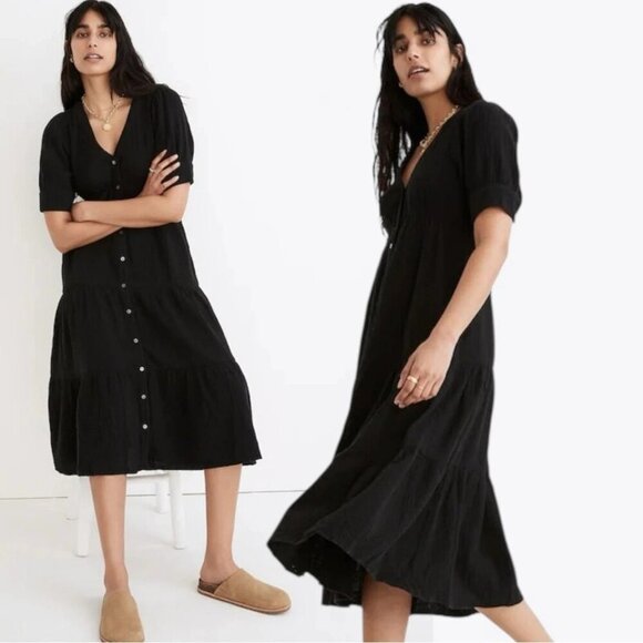 Madewell Gauze Tiered Midi Dress Short Sleeve Minimalist Classic Black size 4 - Picture 2 of 10